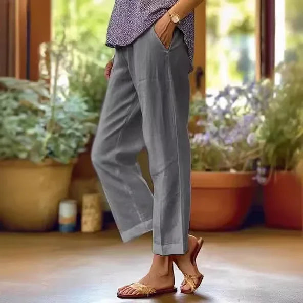 Pantalon Décontracté Coton & Lin Jambe Droite Ample avec Poches