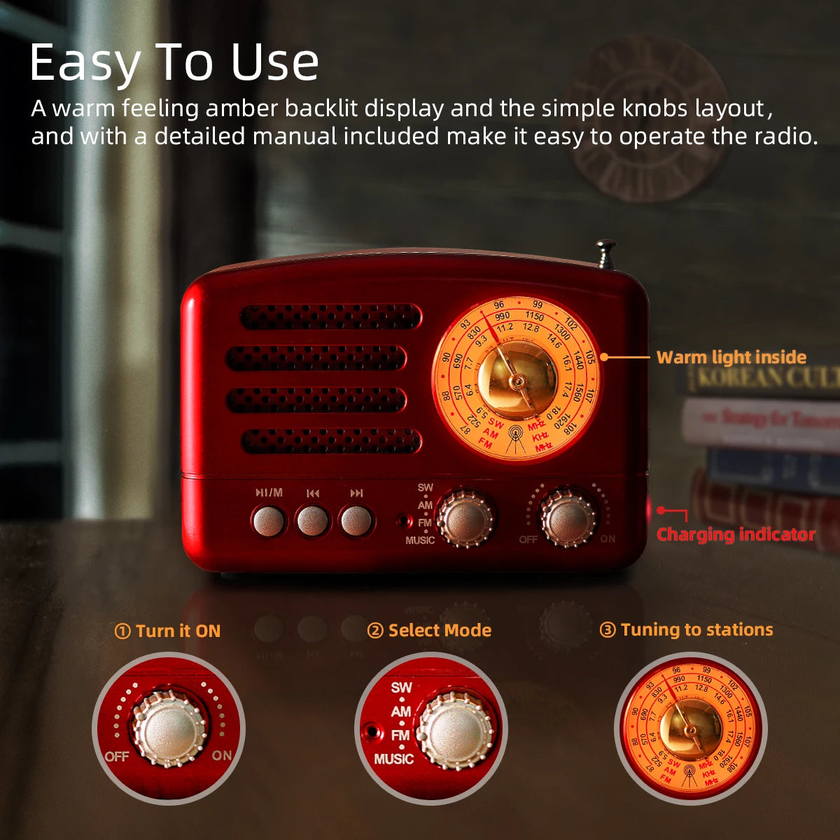 Radio stéréo 3 W FM/AM style rétro avec bluetooth et auxiliaire USB