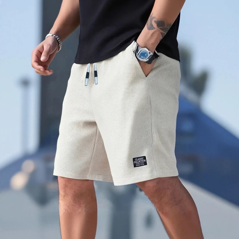 Short Homme Waffle Texturé Uni Respirant — Cordon Élastique, Sport, Plage & Casual Été