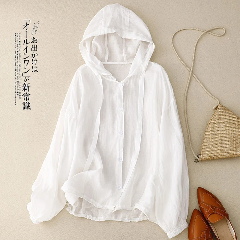 Top à Capuche Léger Manches Longues en Coton & Lin - Printemps