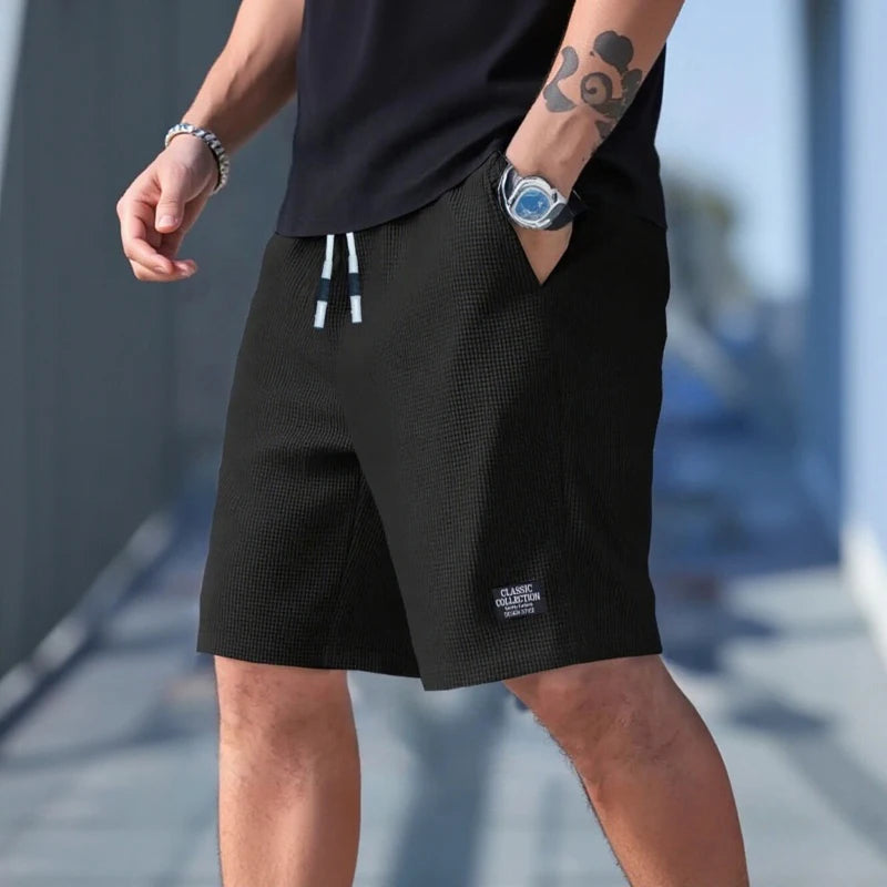 Short Homme Waffle Texturé Uni Respirant — Cordon Élastique, Sport, Plage & Casual Été