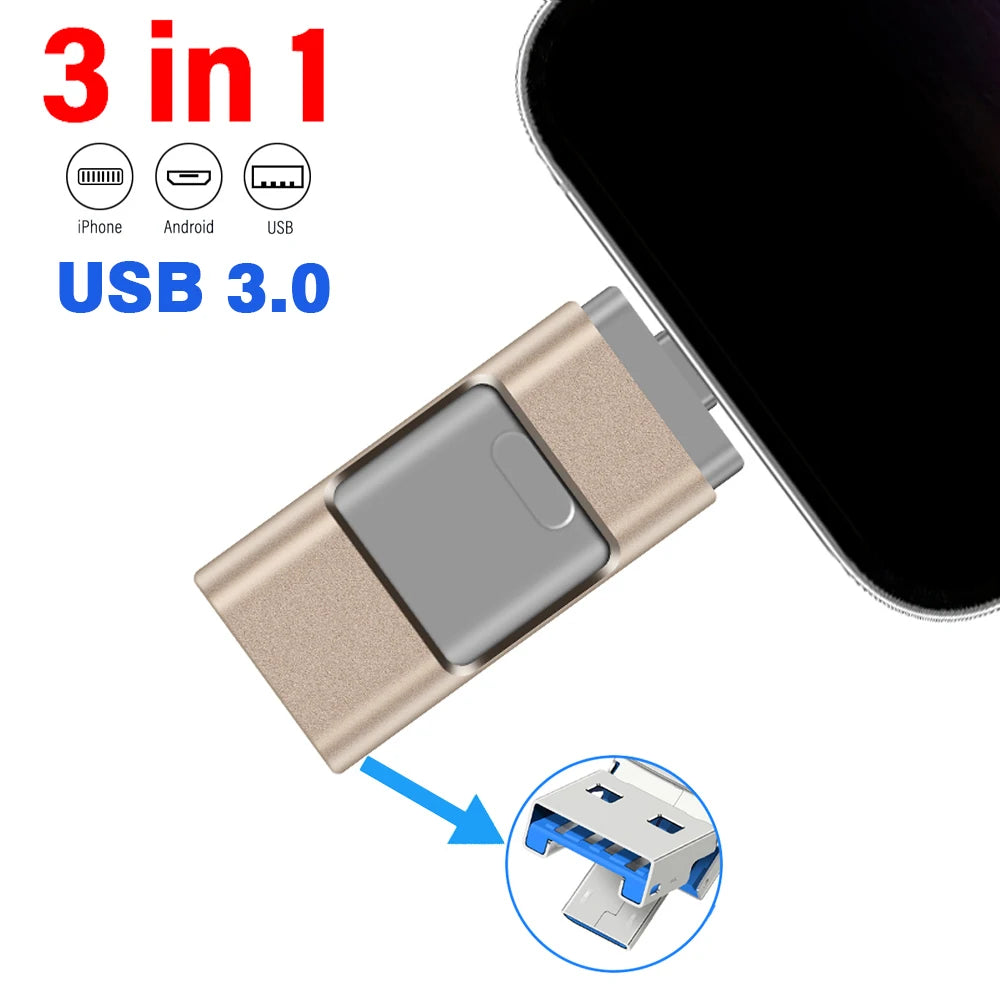 Clé USB 3-en-1 Haute Capacité iPhone & Android - Jusqu'à 256GB