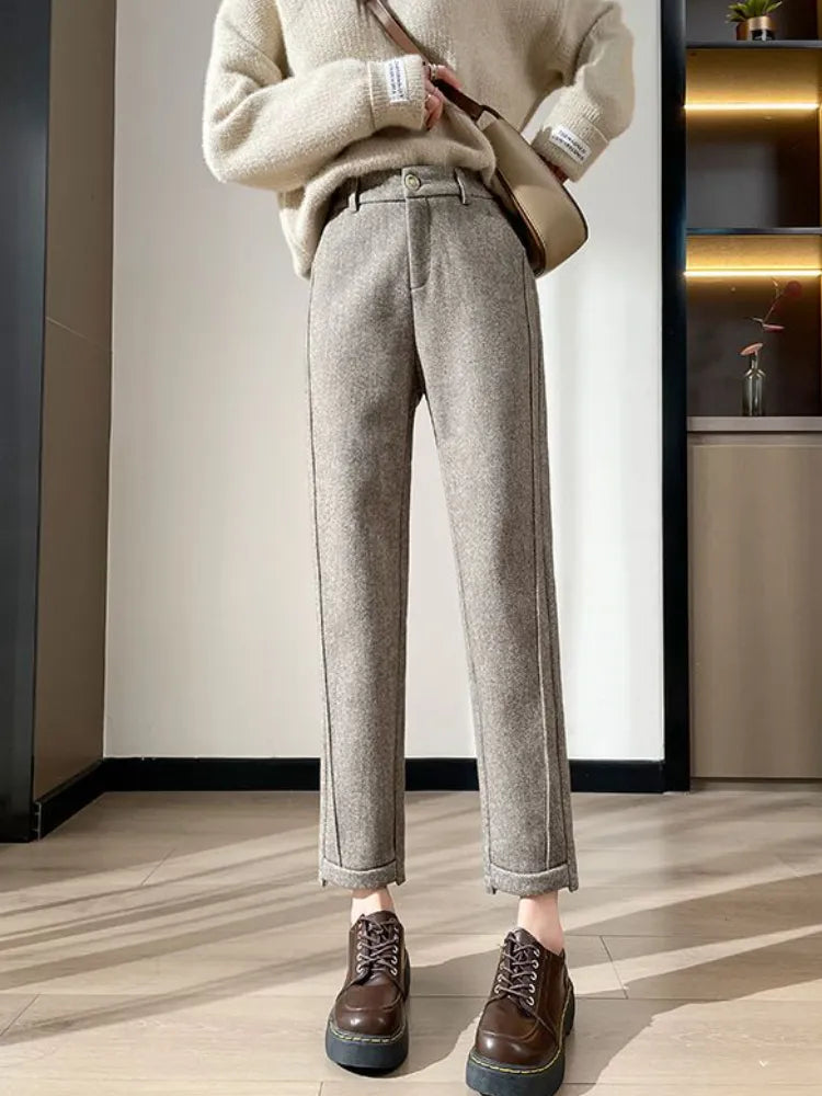 Pantalon droit taille haute en laine Tweed