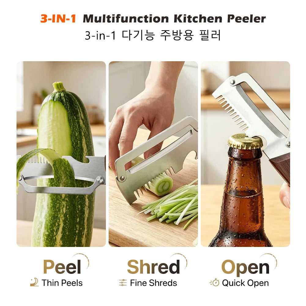 Éplucheur de Cuisine 3-en-1 en Acier Inoxydable avec Manche en Bois – Éplucheur, Râpe & Décapsuleur – 1 Acheté = 1 Offert