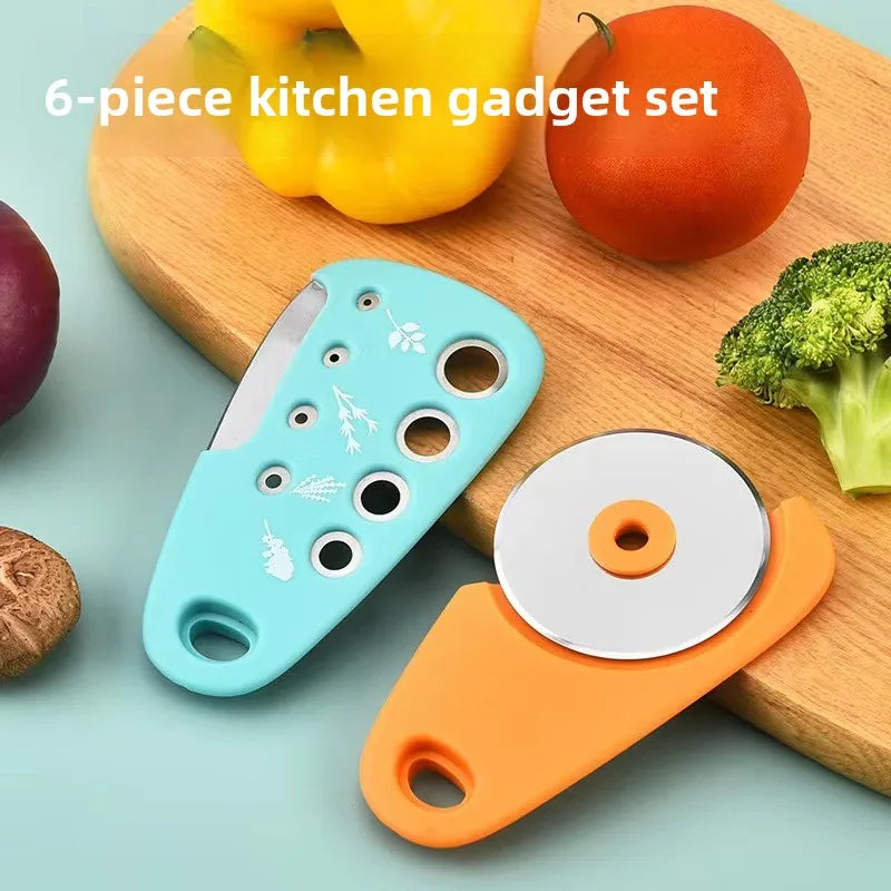 Set 6-EN-1 Ustensiles de Cuisine Multifonctions – Économe, Râpe, Coupe-Herbe, Rouleau à Pizza, Décapsuleur