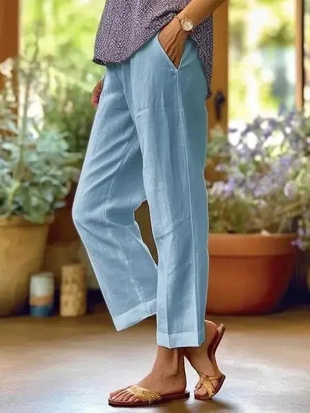 Pantalon Décontracté Coton & Lin Jambe Droite Ample avec Poches
