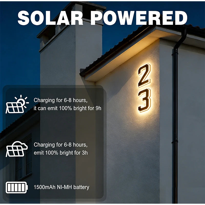 Plaque Numéro de Maison Solaire LED 12CM – Panneau d’Adresse Lumineux Étanche pour Extérieur