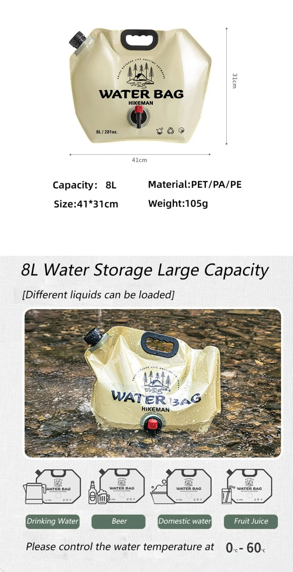 Sac d’Eau Robuste 8L avec Robinet Intégré