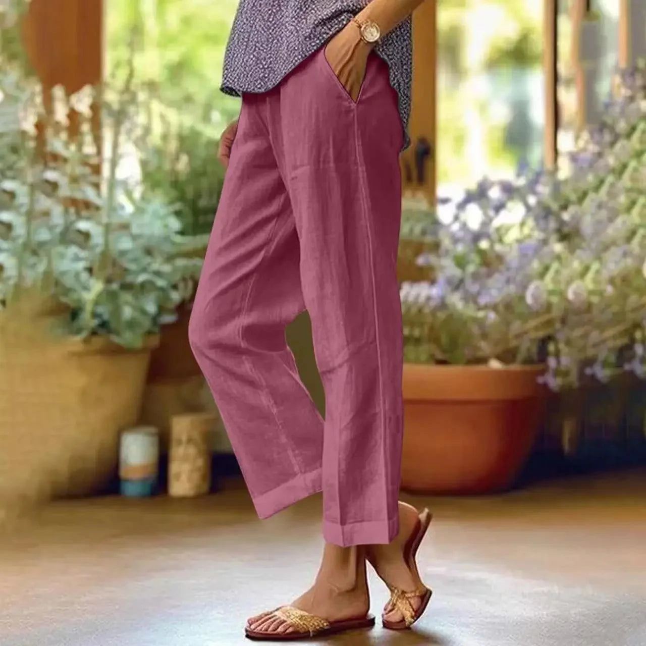 Pantalon Décontracté Coton & Lin Jambe Droite Ample avec Poches