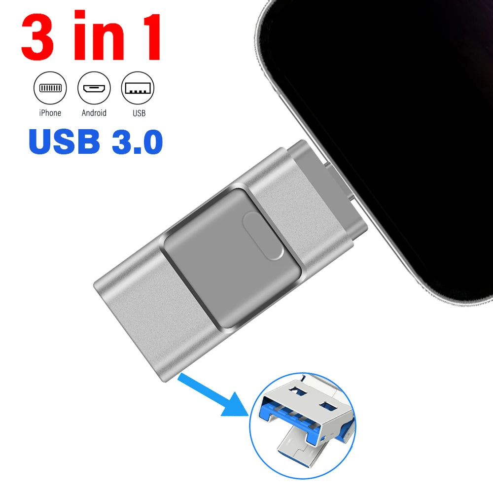Clé USB 3-en-1 Haute Capacité iPhone & Android - Jusqu'à 256GB