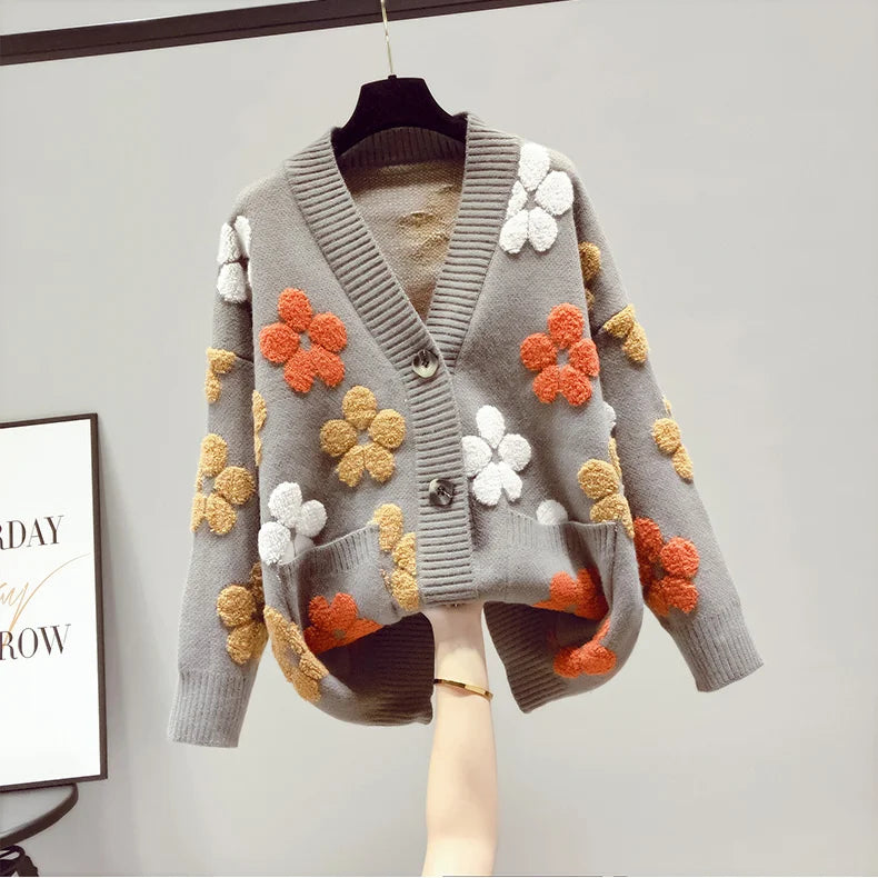 Cardigan en maille à Motif Floral en Relief