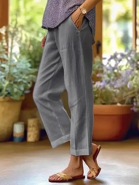 Pantalon Décontracté Coton & Lin Jambe Droite Ample avec Poches