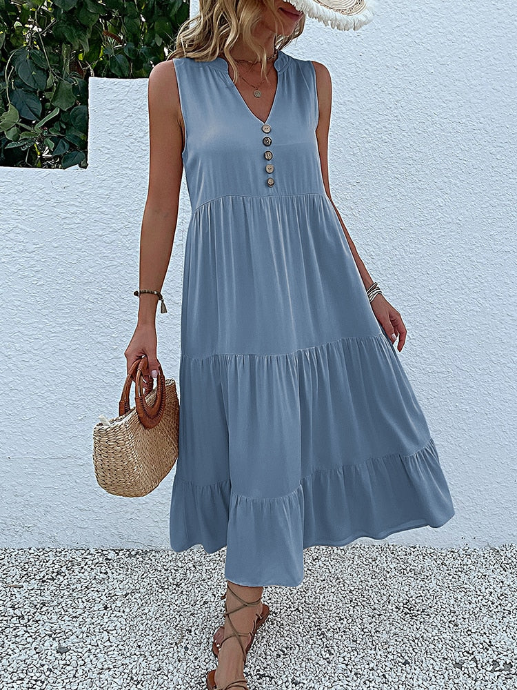 Robe sans manche en viscose détails boutons - Collection été 2023