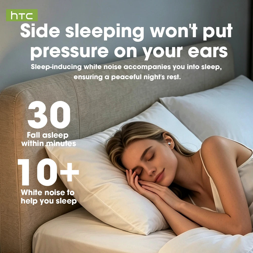 Écouteurs Bluetooth HTC NE90 à Silicone Souple pour Dormir – Bruit Blanc, Histoires IA & Son HiFi
