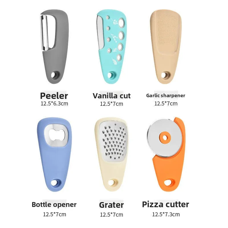 Set 6-EN-1 Ustensiles de Cuisine Multifonctions – Économe, Râpe, Coupe-Herbe, Rouleau à Pizza, Décapsuleur