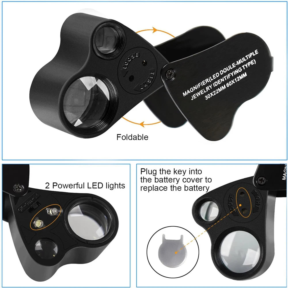 Loupe de Poche de Main 60X + 30X & 2 lumières LED