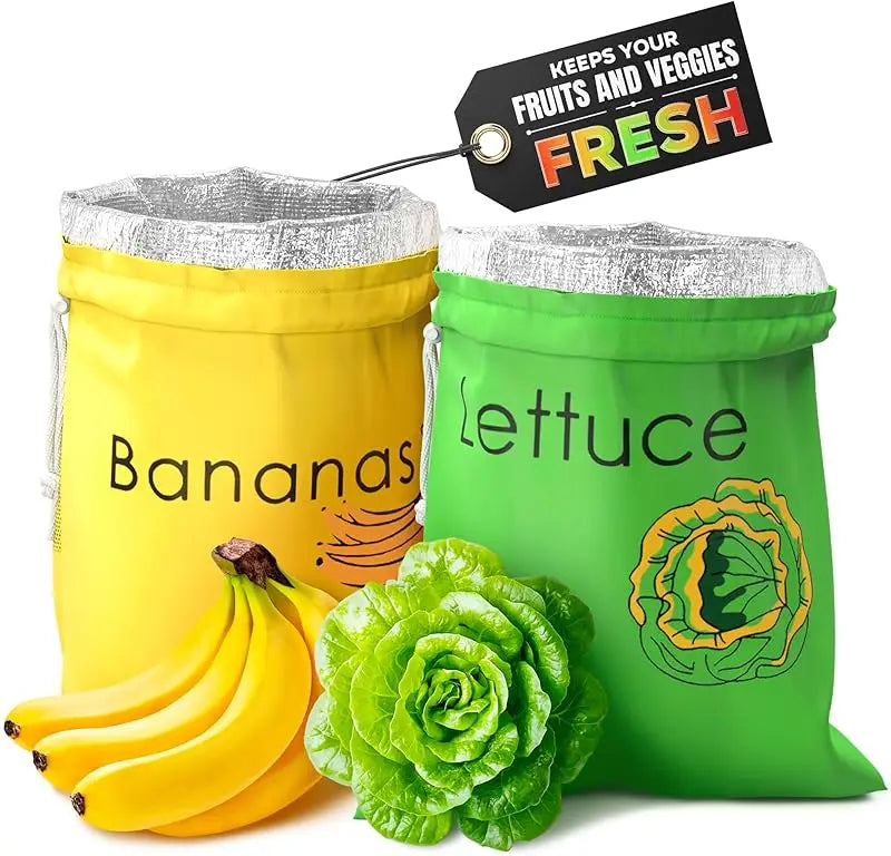 Lot de 2 Sacs de Conservation pour Bananes & Laitue – Pochettes Réutilisables pour Garder les Fruits et Légumes Frais
