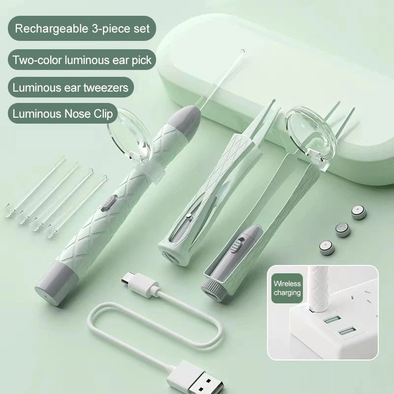 Kit de Nettoyage des Oreilles LED Rechargeable USB – Cure-Oreilles Lumineux, Pince à Épiler & Accessoires – 3 Pièces pour Adultes et Enfants