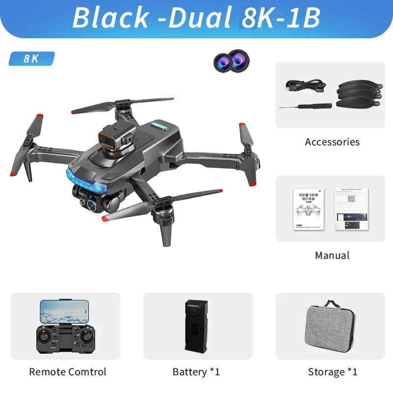 Drone Double caméra HD 8K avec prise de photos et vidéo instantanées - Détecteur d'obstacles