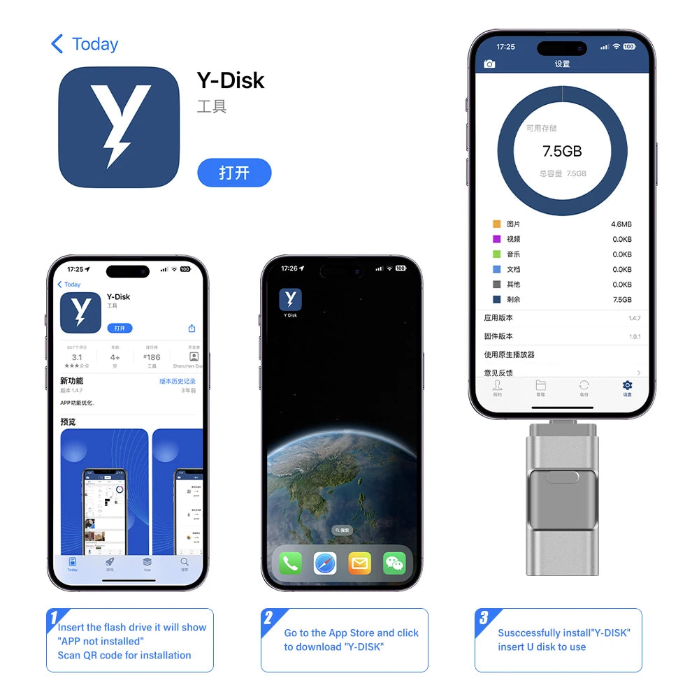 Clé USB 3-en-1 Haute Capacité iPhone & Android - Jusqu'à 256GB