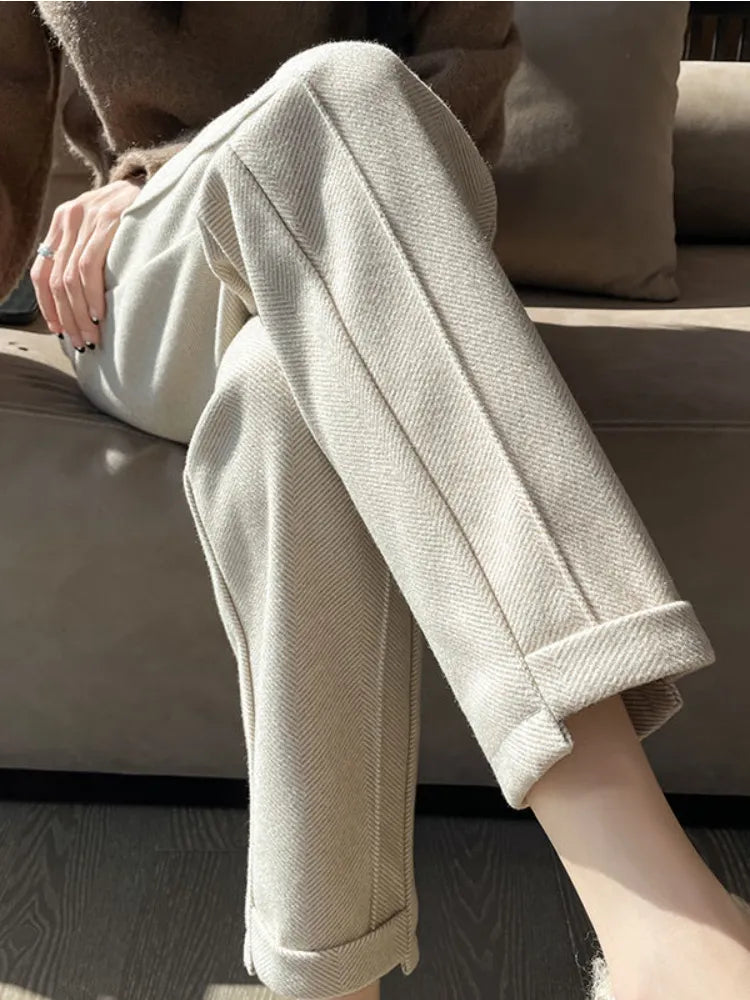 Pantalon droit taille haute en laine Tweed