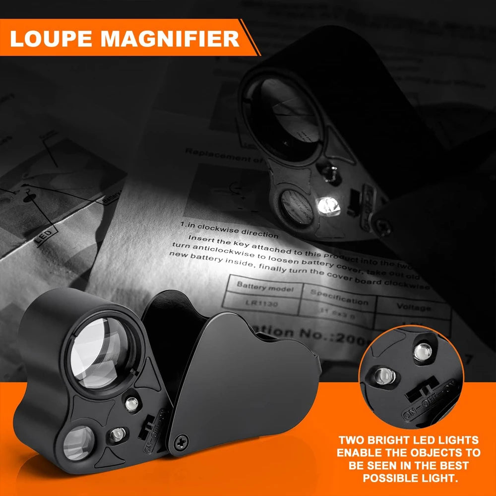 Loupe de Poche de Main 60X + 30X & 2 lumières LED