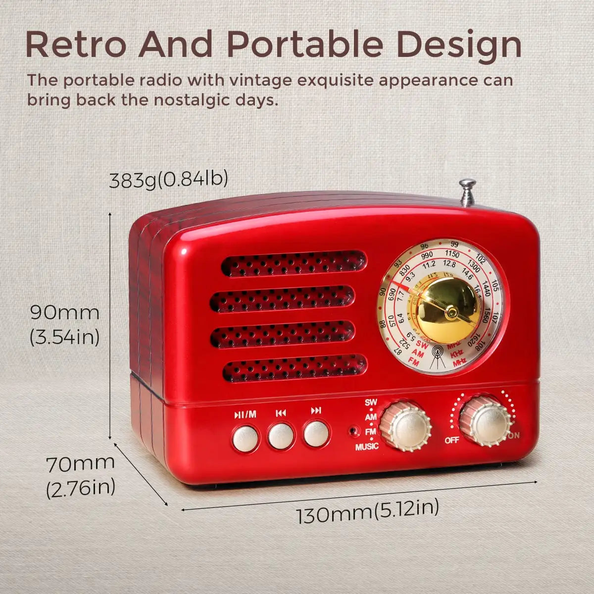 Radio stéréo 3 W FM/AM style rétro avec bluetooth et auxiliaire USB