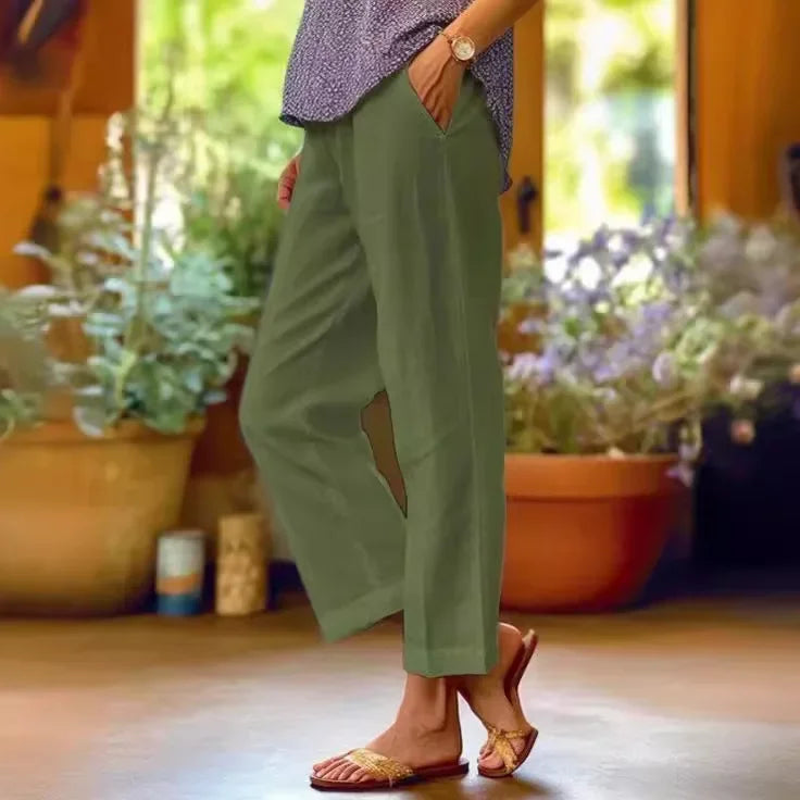 Pantalon Décontracté Coton & Lin Jambe Droite Ample avec Poches