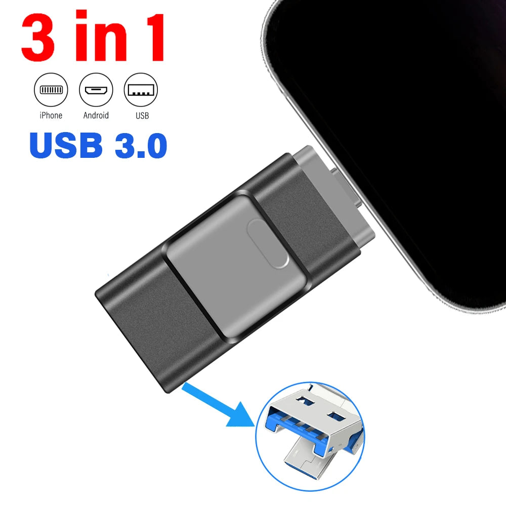 Clé USB 3-en-1 Haute Capacité iPhone & Android - Jusqu'à 256GB