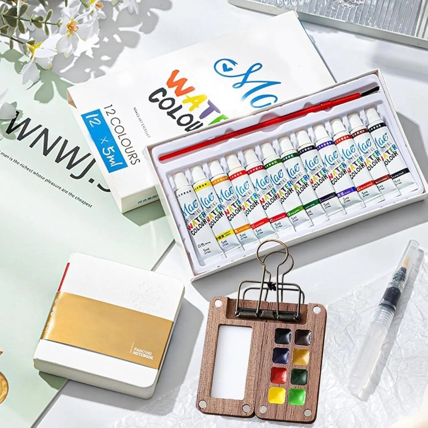 Kit d'Aquarelle de Voyage Complet - Carnet, Palette, Pinceau, Pince & Peinture