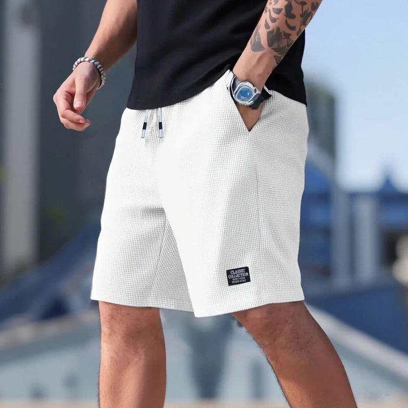 Short Homme Waffle Texturé Uni Respirant — Cordon Élastique, Sport, Plage & Casual Été