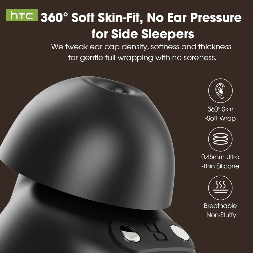 Écouteurs Bluetooth HTC NE90 à Silicone Souple pour Dormir – Bruit Blanc, Histoires IA & Son HiFi