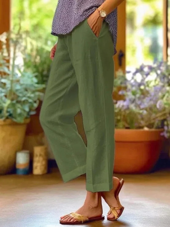 Pantalon Décontracté Coton & Lin Jambe Droite Ample avec Poches
