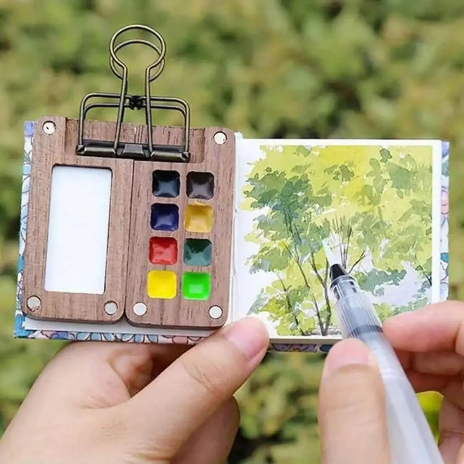 Kit d'Aquarelle de Voyage Complet - Carnet, Palette, Pinceau, Pince & Peinture