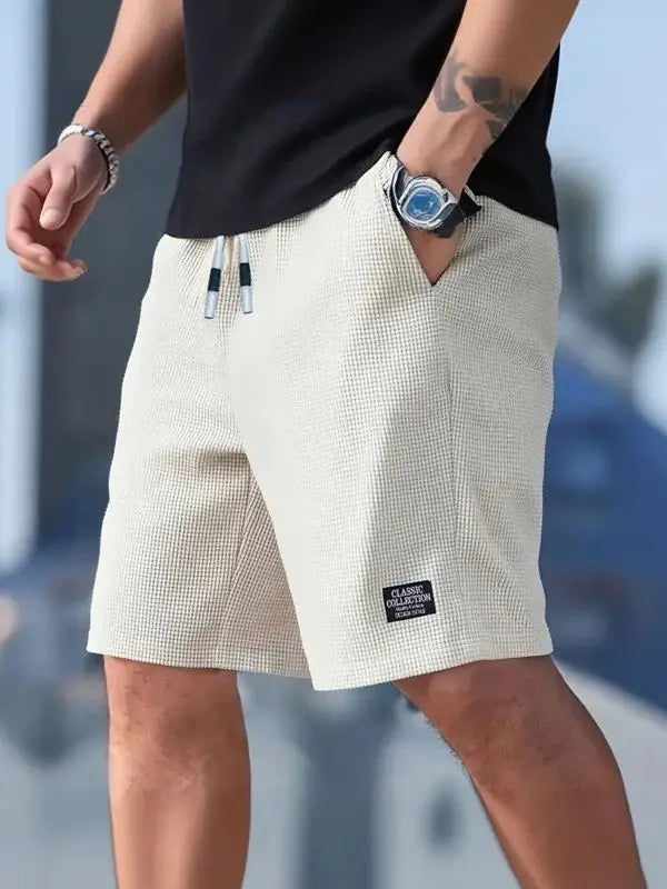 Short Homme Waffle Texturé Uni Respirant — Cordon Élastique, Sport, Plage & Casual Été