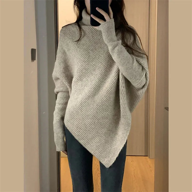 Pull Côtelé à Col Roulé Et Manches Chauve-souris En Gris - Boutique De Mode Bohème Chic, Indie Et Romantique