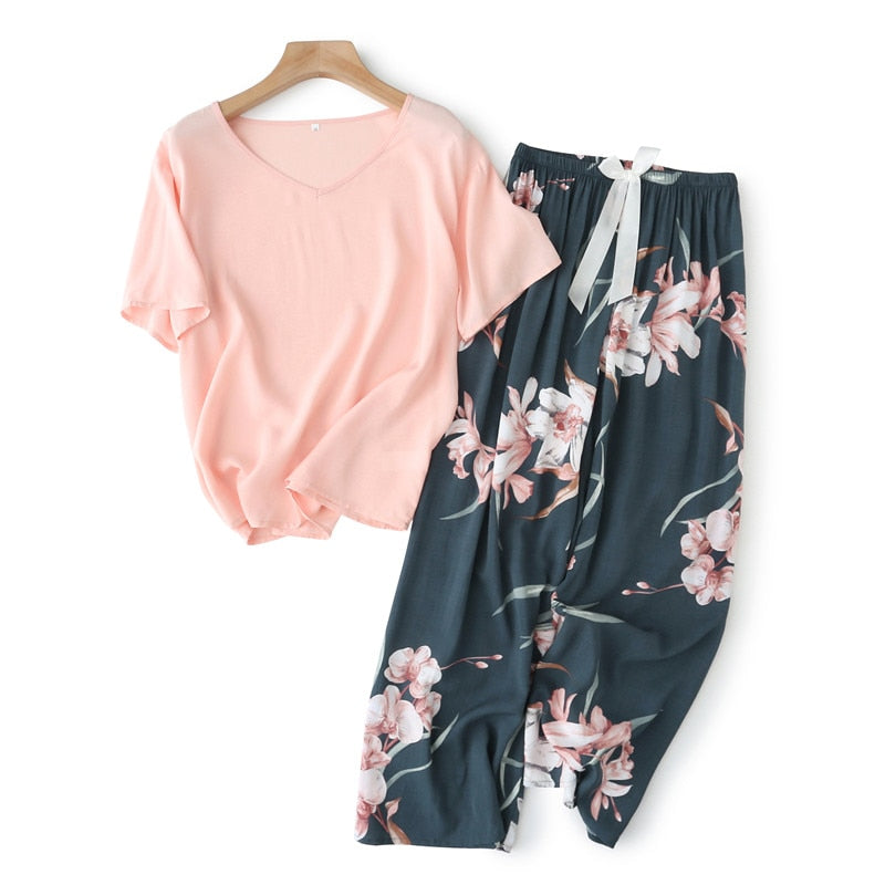 Pyjama d'été fluide en viscose - Motif floral