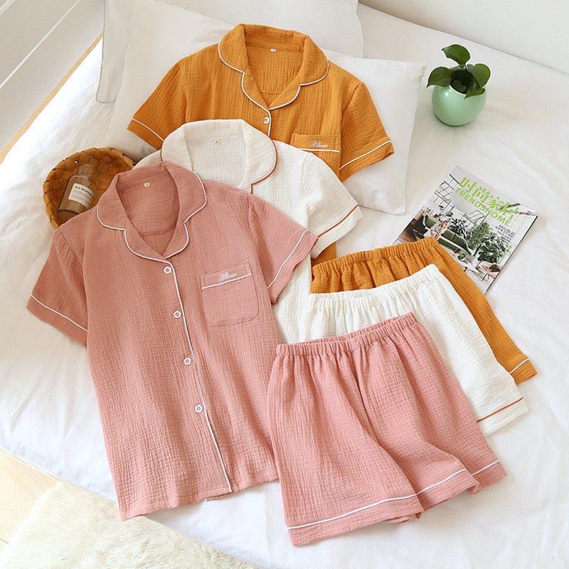 Pyjama short & chemise d'été en gaze coton